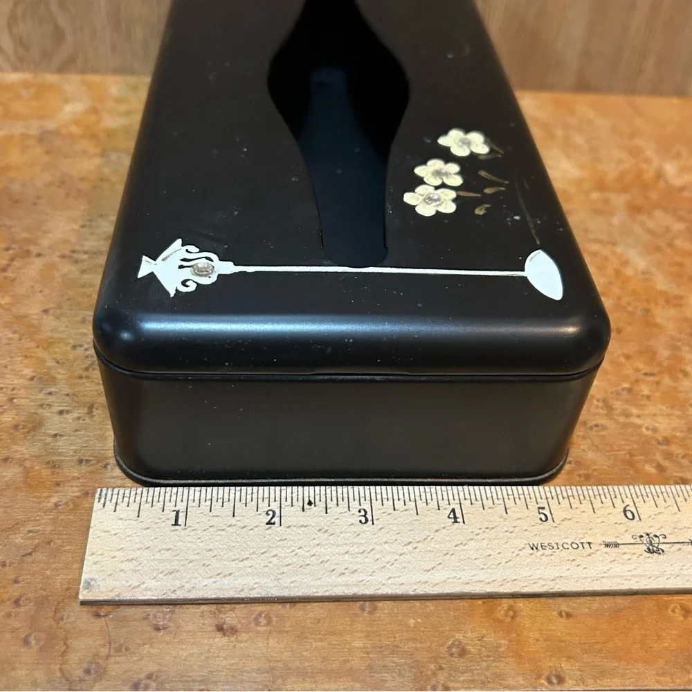 Vintage Ransburg Black Metal Tissue Box Holder French Painted Poodle Rhinestones